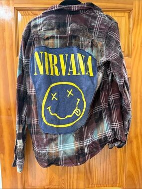 NIRVANA Brown Plaid Flannel Jacket with Yellow Logo Patch